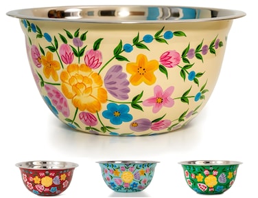 Large Hand Painted Stainless Steel Fruit Bowl - Decorative Floral Salad Mixing and Serving Bowl - Traditional Kashmiri Art for Home Decor (Cream)