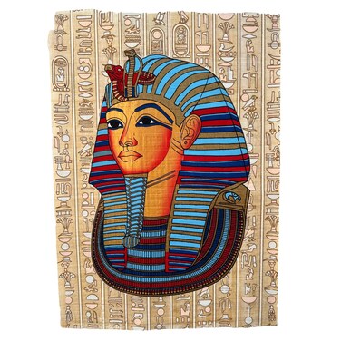 Ancient Egyptian Papyrus Painting, King Tutankhamun - Tut, Death Mask from Innermost Coffin, Wall Decor Papyrus Art, Hand Painted Gifts, 9x13 Inches
