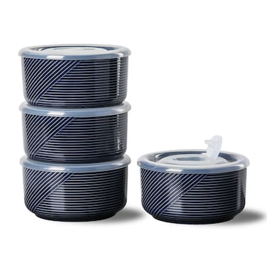 Adewnest Ceramic Bowls with Lids: 20 oz Microwave Safe Food Storage Containers for Soup, Salad, Cereal, Leftovers, Meal Prep, Lunch, Picnic, Camping, Serving - Airtight, Navy, Set of 4