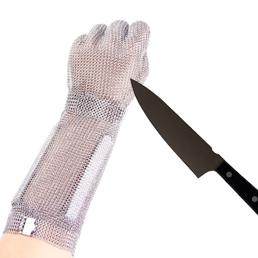 RETON-PPE 15cm Long Chainmail Glove for Butcher, Finger Protective Safety Work Glove, Cut Resistant Gloves with Metal Craw (XL)