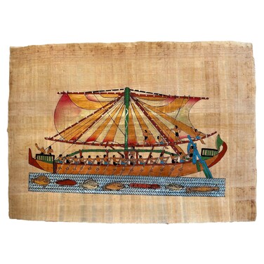 Egyptian Queen Hatshepsut, Punt Boat on Red Sea 18th Dynasty, Ancient Egyptian Boat Gifts, Handmade Papyrus Painting, 13x9 Inches
