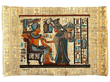 Ancient Egyptian Paintings Tutankhamun Receives Flowers from Ankhesenamen as A Sign of Love in A Garden - Scene from Golden Shrine Tutankhamun's Tomb - Unframed- 13x9 Inches