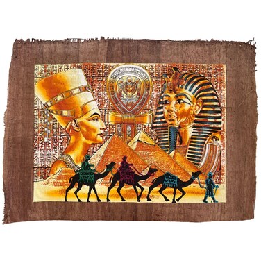 Ancient Egyptian Paintings Nefertiti Ankh, and Tutankhamun on Antiqued Papyrus, Brown Papyrus, Glow in Dark - 17x13 Inches