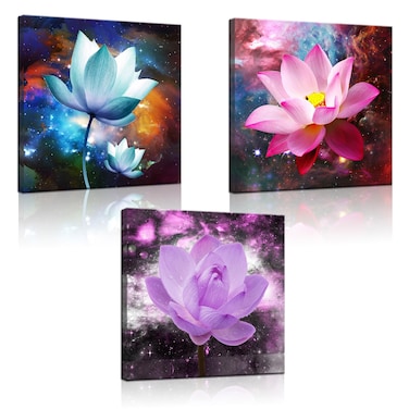 Biuteawal 3 Panels Flowers Wall Art Blooming Lotus Water Lily Picture Elegant Pink Blue Purple Floral Painting Canvas Print Framed Modern Home Bedroom Living Room Decor Ready to Hang