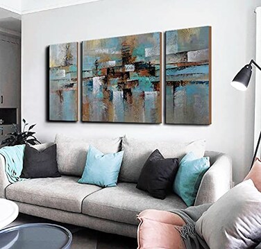 Abstract Wall Art Large Painting on Canvas Gallery-Wrapped 3 Piece for Living Room Bedroom Modern Framed Teal Blue Brown 24x48inches