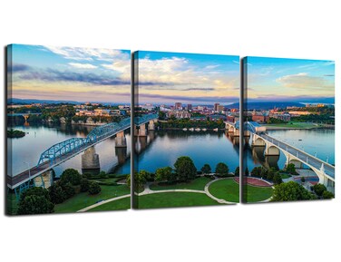 Chattanooga Tennessee City Skyline Scenery Wall Decor Canvas Walnut Street Bridge Wall Art Painting Picture Print Framed Artwork Bathroom Dining Room Decoration Poster Ready to Hang(48''Wx22''H)