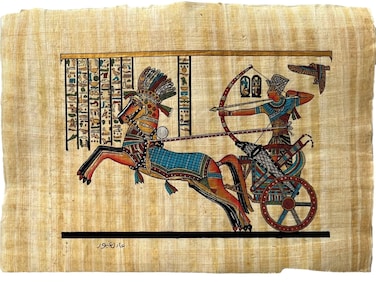 Pharaoh Ramses II on Chariot Battle of Nubia - Papyrus Egyptian Hand-Made Papyrus Painting - Egyptian D&Atilde;&copy;cor13x9 inches