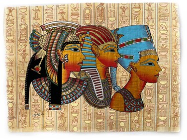 Ancient Egyptian Paintings Cleopatra-Tutankhamen-Nefertiti - Cleopatra in Royal Vulture Crown - Tutankhamun in Names - Nefertiti in Modius - Egypt Hieroglyphs Papyrus, 13x9 Inches