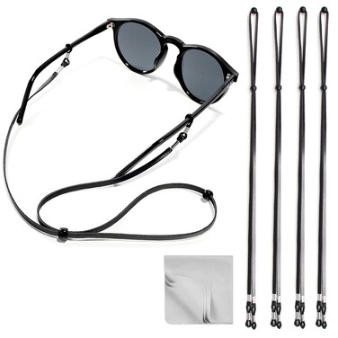 Silldedr Pack of 4 Black Eco Leather Eyeglass Straps, Adjustable Eyewear Retainers,Anti-slip Eyeglass Chains Lanyard Sports Sunglass Retainer Holder Strap for Men and Women
