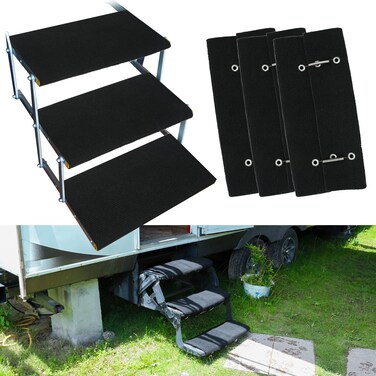 RV Steps Covers Rugs 3 Pack, 18" Inch Wide RV Camper Step Stair Covers, Wrap Camper Stair Rugs Radius Carpet with Spring Hooks, Black