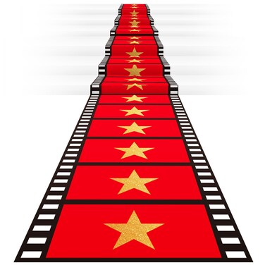 Woanger Plastic Red Carpet Runner for Party 30 Micron Thickness Gold Star Aisle Runner Event Rugs for Runway Floor Stage Stair Hallway Movie Theme Birthday Wedding Prom Decor (Film, 3.3 x 50 Ft)