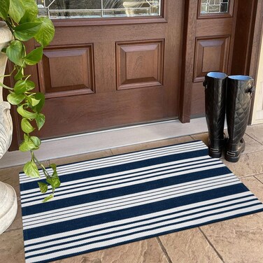 OJIA Entryway Rug 24''x51'', Machine Washable Front Door Mat Cotton Woven Blue and White Outdoor Rug Porch Rug Striped Kitchen Rug Runner Indoor Door Mat for Farmhouse/Entry/Home Entrance