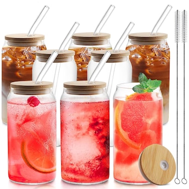 HOMBERKING Glass Cups with Bamboo Lids and Straws 8pcs Set, 20oz Cups, Beer Glasses, Iced Coffee Cups, Cute Tumbler with 2 Cleaning Brushes, Ideal for Cocktail, Whiskey, Tea, Gift