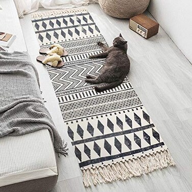 USTIDE Ultra Long Cotton Area Rug with Tassel Hand Woven Printed Rug Kitchen Runner Washable Mat Entryway for Bedroom, Kitchen, Laundry Room (2.3ftx6ft, Black and Cream)