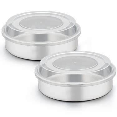 TeamFar 8 Inch Cake Pan, Stainless Steel Tiers Round Baking Cake Pans with Lids, Healthy &amp; Heavy Duty, Dishwasher Safe &amp; Easy Clean, Mirror Polish &amp; Smooth Edge, Set of 4 (2 Pans + 2 Lids)