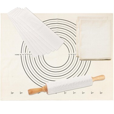 9PCS Pastry Cloth and Rolling Pin Cover Set, 3PCS 25" X 20" Heavy Cotton Canvas Cloth Pastry Mats, 6PCS 13" X 2.7" Flexible Rolling Pin Covers Sleeves for Rolling Dough Pie Baking Bread Supplies