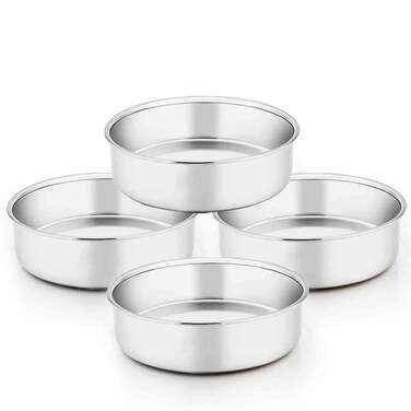 TeamFar 6 Inch Cake Pan, 4 Pcs Round Tier Cake Pans Set Stainless Steel for Baking Steaming Serving, Fit in Oven Pot Air Fryer, Healthy &amp; Heavy Duty, Mirror Finish &amp; Dishwasher Safe