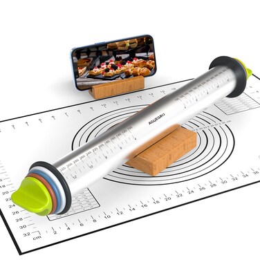 Aguegro Stainless Steel Rolling Pin with Adjustable Thickness Rings and Pastry Baking Mat for Baking, Fondant, Pizza, Pie, Cookies, Pastries, 13.6" with 4 Multi-Color Thickness Rings and Wooden Stand