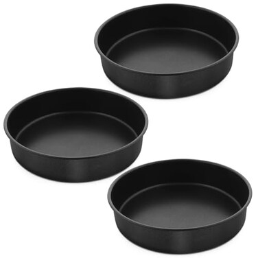 8 Inch Round Cake Pan Set, P&amp;P CHEF 3 Piece Non-Stick Cake Baking Pans for Birthday Wedding Layer Cakes, Stainless Steel Core &amp; One-piece Design, Sturdy &amp; Healthy, Black