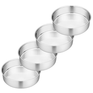 6 Inch Cake Pans Set of 4, Round Baking Pan, P&amp;P CHEF Stainless Steel Birthday Wedding Metal Layer Cake Pans, Non Toxic &amp; Healthy, Mirror Polished &amp; Dishwasher Safe