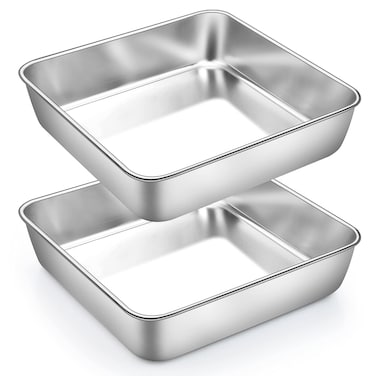 TeamFar Square Cake Pan, 2 PCS 8 Inch Square Baking Pan Stainless Steel for Cake Brownie Lasagna, Healthy &amp; Non Toxic, Sturdy &amp; Brushed Surface, Dishwasher Safe