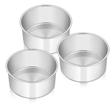 E-far Cake Pans Set of 3, 6 x 3 Inch Stainless Steel Round Cake Baking Pans Tins for Wedding Birthday, Deep Side &amp; Non-toxic, Oven &amp; Dishwasher Safe, Mirror Finish &amp; Straight Side