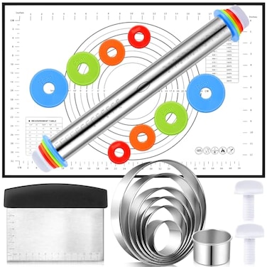 Dandat Rolling Pin with Adjustable Thickness Rings and Silicone Baking Pastry Mat Biscuit Cutter Bench Scraper Stainless Steel Dough Roller Rolling Pins for Baking Cookies Pie Pasta Pastries(Black)