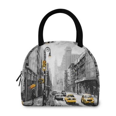 ZzWwR Trendy Street View of New York Reusable Lunch Tote Bag with Front Pocket Zipper Closure Insulated Thermal Cooler Container Bag Work Picnic Travel Beach Fishing
