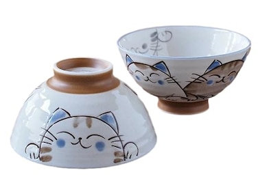 Japanese Mino Ware Ceramic Rice Bowls Set, 4.53 x H2.48 Inches, 7.8 Fluid Ounces, Cute Smiling Cats Set of 2 Blue and Pink (Blue and Pink)