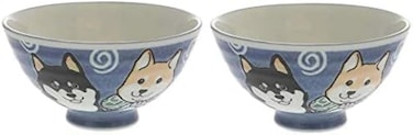 Japanese Ceramic Rice Bowl Set Shiba Dog Blue 4.92 Inches Diameter Mino Ware Chawan Set of 2 Bowls from Japan (Blue)