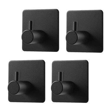 BARONAGE Adhesive Hooks 4 Pack Heavy Duty Stick on Wall Hooks Robe Towel Hooks Waterproof Stainless Steel Black Self Adhesive Hook for Hanging Clothes Bathroom Sticky Hooks