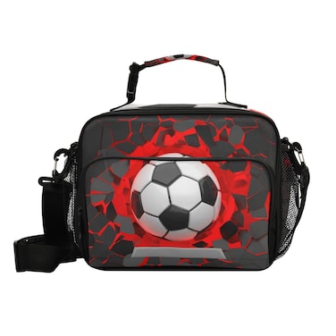 Dussdil Soccer Ball Red Lighting Lunch Bags for Boy Men Lunch Box Insulated Thermal Cooler Bag Reusable Organizer Tote Lunch Bag with Adjustable Shoulder Strap for Work Picnic Beach Sporting
