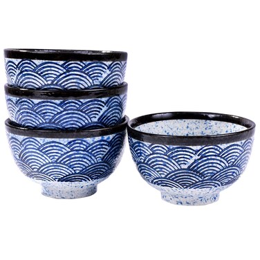 Cerficer Japanese Rice Bowl Set of 4 10.2oz Asian Ceramic Sushi Bows Blue Perfect for Rice Snacks Desserts and Sauces