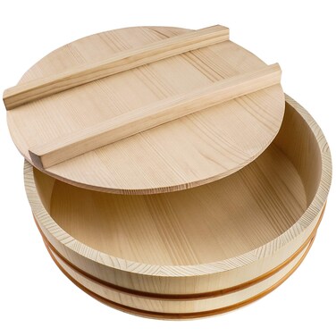 Kichgather Wooden Sushi Rice Bowl with Lid Hangiri Sushi Oke Sushi Rice Mixing Tub (13 with lid)