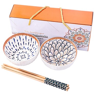Japanese Rice Bowls with Chopsticks Ceramic Sushi Bowl Set of 2 for Dessert Snack Cereal Soup in Gift Box Underglazed Dinnerware