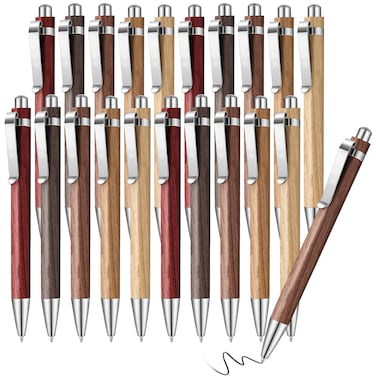 Fumete 20 Pcs Bamboo Retractable Pens Thank You Wooden Pen Engraving 1mm Black Ink Ballpoint Pen Writing Office School Supplies for Teacher Coworker Student Journaling Pen Christmas Pen Gift