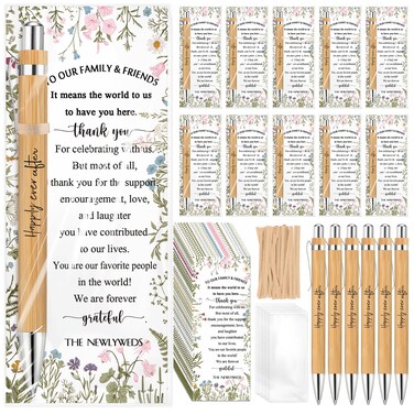 Spakon Wedding Favors for Guests Bamboo Pens Bulk with Thank You Cards Clear Gift Bags Bridal Shower Ballpoint Pens for Guest Bridal Shower Games Wedding Souvenirs