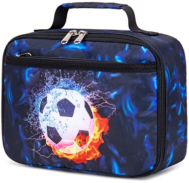 LEDAOU Lunch Bag Kids Insulated Lunch Box Boys Girls Insulated Reusable Lunch Bag for School Picnic Hiking Work (Soccer Black Blue)