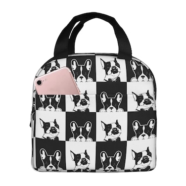 Biepiaowo Cute Dog Lunch Bag Boston Terrier Insulated Lunch Box for Women Men Gifts Reusable Black White Lunch Tote for Office Work Picnic Hiking