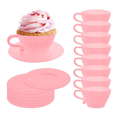 Silicone Cupcake Liners, 16 Pcs Silicone Muffin Cups for Baking, Reusable Muffin Liners, Teacup Cupcake Baking Cups, 8 Cups &amp; 8 Saucers, Pink