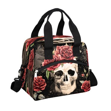 Gothic Sugar Skull Red Rose Lunch Bag Adjustable Shoulder Strap Cooler Bag Reusable Zipper Insulated Lunch Tote Bag for Work Picnic Camping School