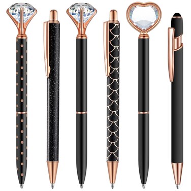 6 Pcs Ballpoint Pen Set Include Crystal Diamond Pen Slim Metal Ballpoint Pens Black Ink Stylus Pen Liquid Sand Pen Retractable Glitter Pen for Office School Gifts Wedding Party Supplies (Black)