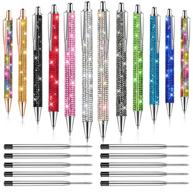 ZSMKJIAYE 12Pcs Rhinestone Pens Bling Metal Ballpoint Diamond Pens Bulk Fancy Sparkly Crystal Press Retractable Black Ink 0.7mm For Women Office Meeting Birthday Supplies Wedding Gifts(TWELVE COLOR