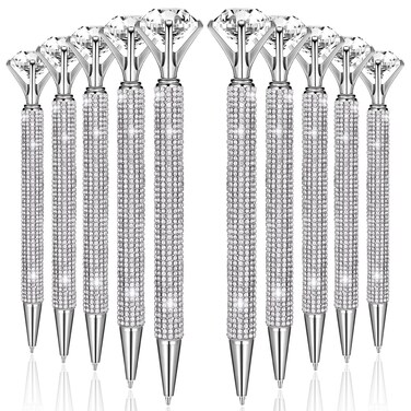 10 Pcs Big Diamond Pens with Crystal Bling Rhinestone Metal Glitter Ballpoint Pens Black Ink Retractable Cute Fancy Wedding bridal shower Gift Office Supplies for Birthday Women (Silver)