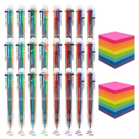 MINAGOO 24 Pack 0.7 mm 6-in-1 Multicolor Retractable Ballpoint Pen Retractable with 16 Pack Sticky Notes 3x3 Inches,Bright Colors Self-Stick Pads, Easy to Post for Home, Office, School