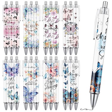 Butterfly Print Ballpoint Pens - 24PCS Kawaii Butterfly Pens Set Retractable Positive Affirmation Pens Smooth Writing Pens for Office Stationery Home School Supplies for Women Teacher Gifts