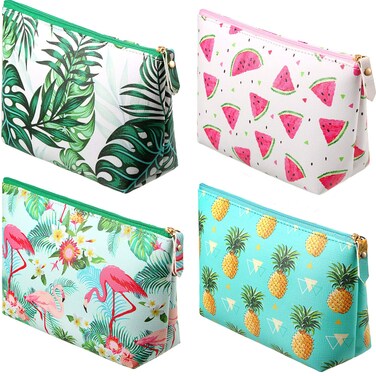 Weewooday 4 Pcs Summer Makeup Bags Tropical Cosmetic Bags Portable Travel Toiletry Bags Beach Aloha Pouch Purse with Zipper for Women Men Gifts, 4 Styles (Tropical)