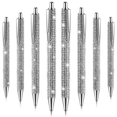 Jeyiour 8 Pcs Rhinestone Pen Bling Diamond Pens Wedding Rhinestones Silver Metal Ballpoint Pens Fancy Sparkly Crystal Pens Retractable Black Ink Pen for Women Office Birthday 0.7mm (Silver)