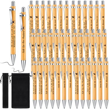 Roowest 100 Pcs Bible Verse Ballpoint Pen Bamboo Retractable Christian Pens Inspirational Scripture Ballpoint with Black Ink, Velvet Bags Religious Gifts for Church Gift Pastor Office Supply