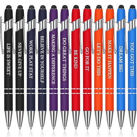 Zonon 12 Pieces Inspirational Pens Bulk Motivational Quotes Funny Ballpoint Pens with Stylus Tip Inspirational Gifts for School Office Corworkers Teachers, Black Ink(Rainbow Colors,Classic Style)